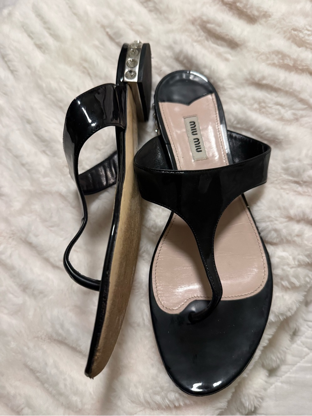 Miu Miu Black Patent Leather Thong Sandals with Crystal Heel Accents